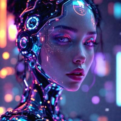 The primary subject of the image is a woman with a futuristic, cyberpunk appearance. She is wearing a metallic, glowing outfit and has a distinctive look with her eyes. The setting is a futuristic environment, possibly a nightclub or a similar venue. The visual style of the image is a combination of digital art and illustration, creating a vivid and captivating scene. The colors and mood of the image are predominantly blue and purple, giving it a